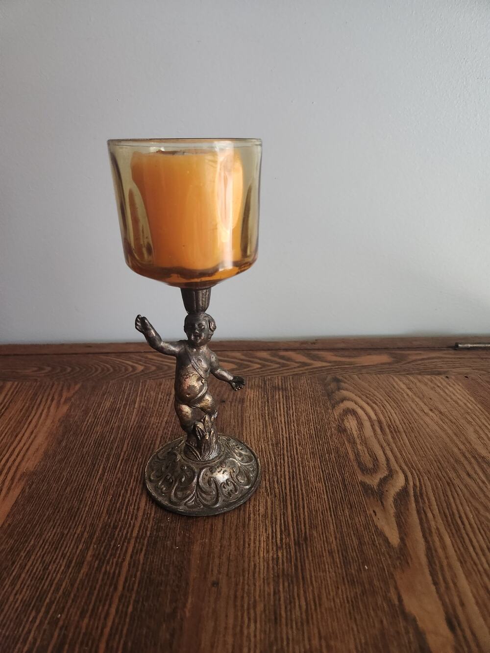Vtg MCM  Hollywood Regency Style Cherub Votive Brass Candle Holder
8"T